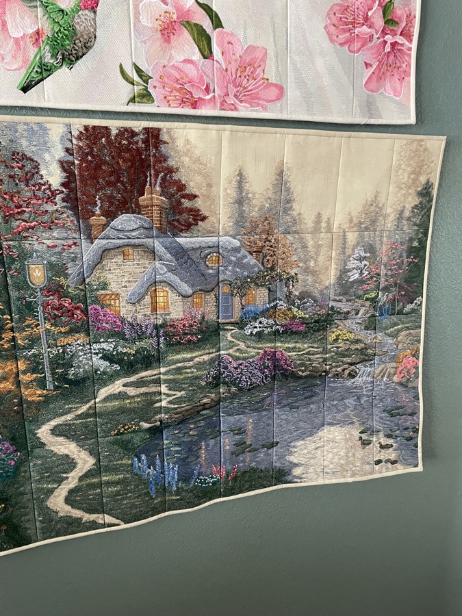 Custom embroidery on scenic cottage panel with hummingbird and floral fabric