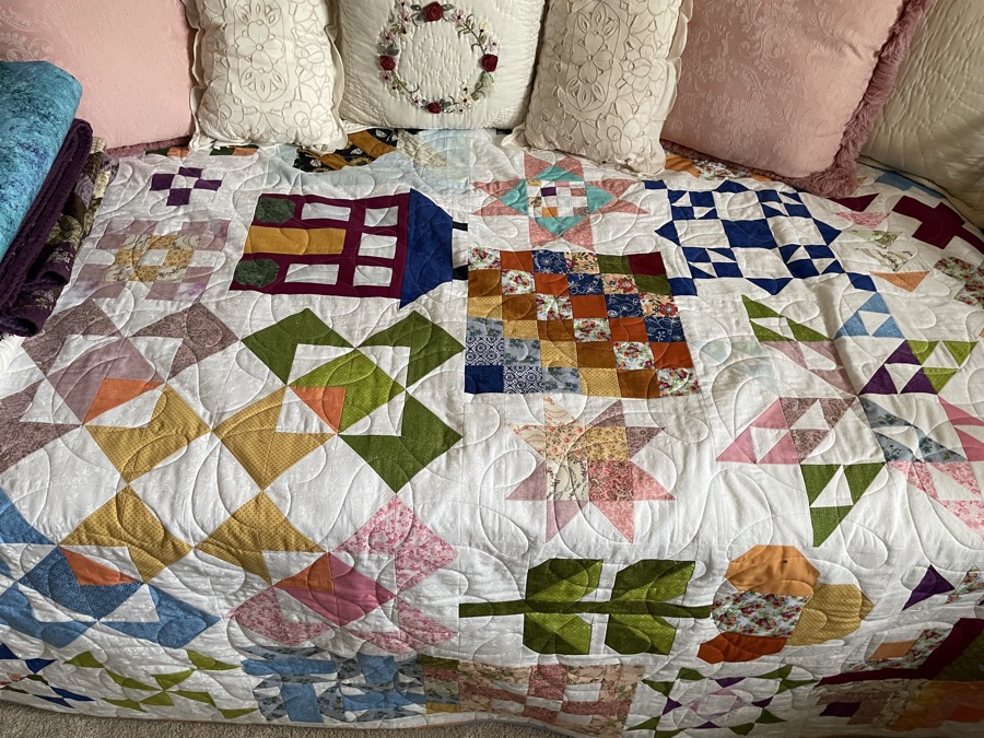 Sampler quilt with many different quilt blocks on white background